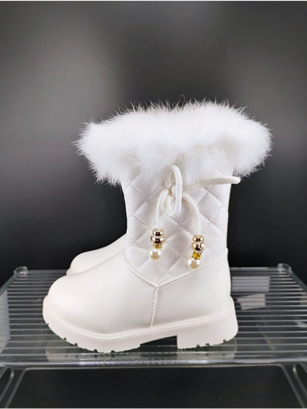 White Fur-Lined Kids Winter Boots Quilted Design Beaded Accent - Picture 3 of 7